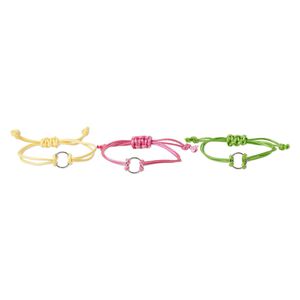 Bracelet, waxed cotton cord and silver-finished steel, pink / green / yellow, 18mm wide with 18mm ring, adjustable from 6-10 inches with macramé knot closure. Sold per pkg of 3.