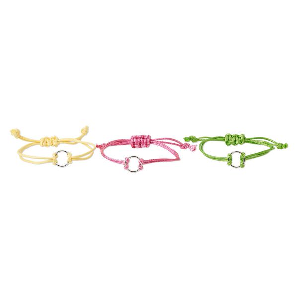 Bracelet, waxed cotton cord and silver-finished steel, pink / green / yellow, 18mm wide with 18mm ring, adjustable from 6-10 inches with macramé knot closure. Sold per pkg of 3. image number 0