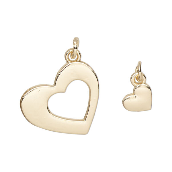 Charm, gold-finished "pewter" (zinc-based alloy) and steel, 20x18mm heart with heart cutout design and 8.5x8mm single-sided heart. Sold per pkg of (2) 2-piece sets. image number 0