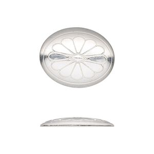 Component, sterling silver, 21.5x17mm single-sided oval Concho with flower design. Sold individually.