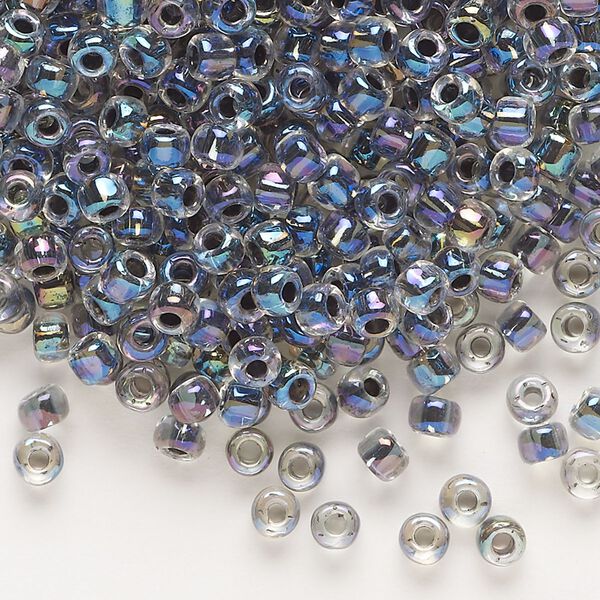 Seed bead, Dyna-Mites™, glass, transparent rainbow inside peacock, #6 round. Sold per 40-gram pkg. image number 0