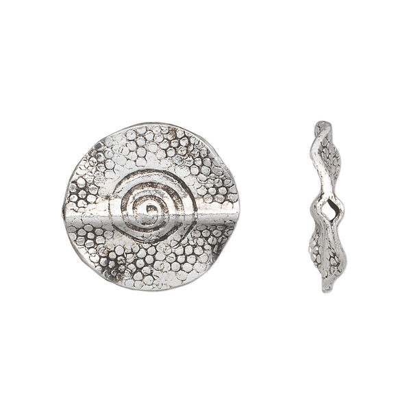 Bead, Hill Tribes, antique silver-plated copper, 19mm double-sided textured curved flat round with swirl design. Sold individually. image number 0