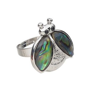 Ring 1pkg1 brass / paua shell / glass rhinestone, 26x24mm ladybug, natural silver finish / black