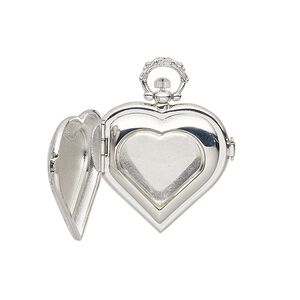 Watch body, glass and silver-plated "pewter" (zinc-based alloy), 53x40mm heart with floral design. Sold per 3-piece set.