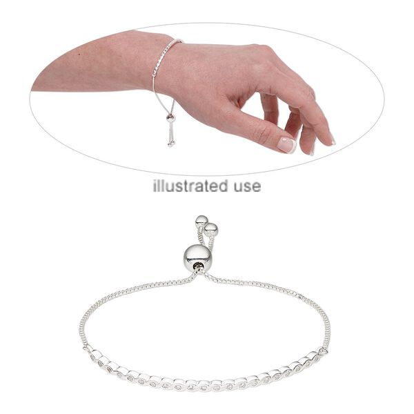Bracelet, Create Compliments®, sterling silver / cubic zirconia / silicone, clear, 3mm wide, adjustable from 6 to 8 -1/2 inches with 8mm adjustable slider bead. Sold individually. image number 0