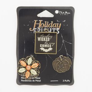 Charm and drop mix, resin / acrylic / antique brass-finished "pewter" (zinc-based alloy) / steel, multicolored, 22x19mm pumpkin with "Oct. 31" / 27x26mm square with "Something WICKED this way COMES" and bat / 29mm flower. Sold per pkg of 3.