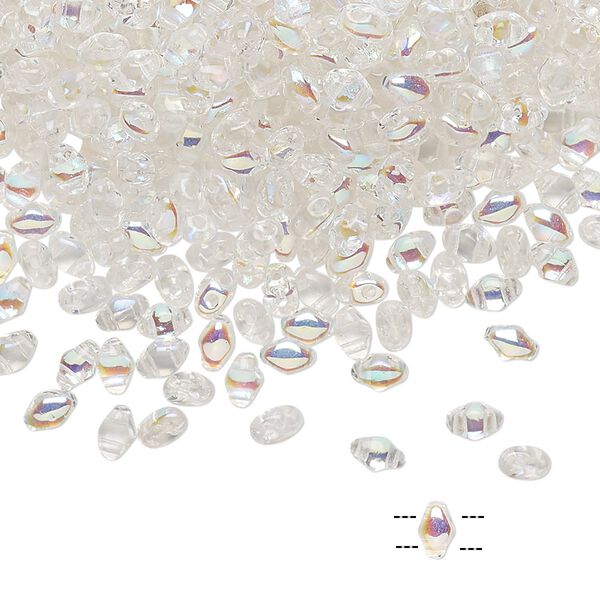 Bead, Preciosa Mini Twin™, Mini Pressed Twin, Czech pressed glass, transparent clear AB, 4x2.5mm oval with (2) 0.7mm holes. Sold per 50-gram pkg. image number 0
