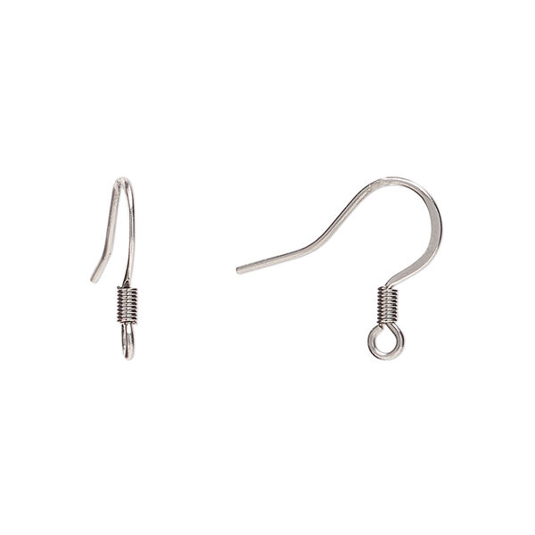 Ear wire, stainless steel, 15mm flat fishhook with 3mm coil and open loop, 22 gauge. Sold per pkg of 10 pairs. image number 0