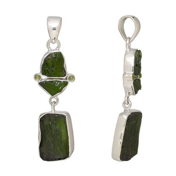 Pendant, chrome diopside (natural) and sterling silver, 43x14mm-48x17mm. Sold individually. image number 0