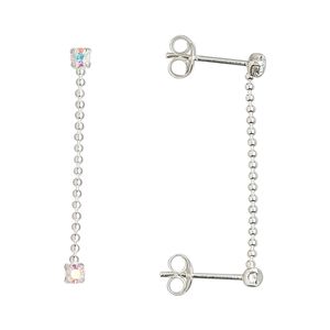 Earring, Create Compliments®, crystals and sterling silver, crystal AB, 29.5mm with 1mm ball chain and 2.5mm faceted round with post. Sold per pair.
