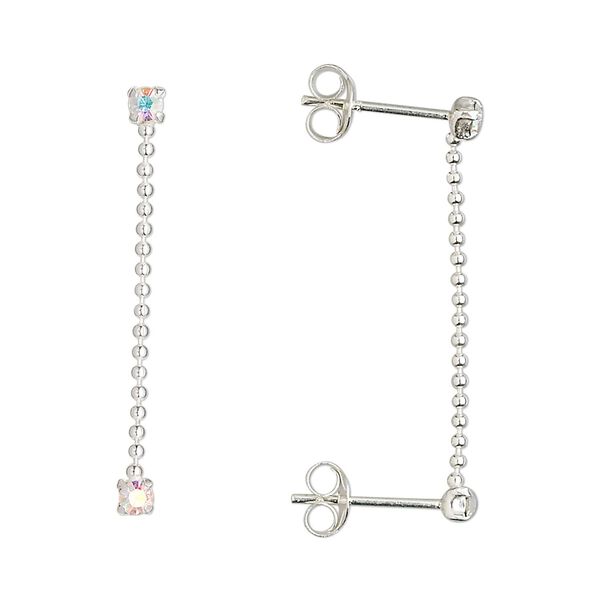 Earring, Create Compliments®, crystals and sterling silver, crystal AB, 29.5mm with 1mm ball chain and 2.5mm faceted round with post. Sold per pair. image number 0
