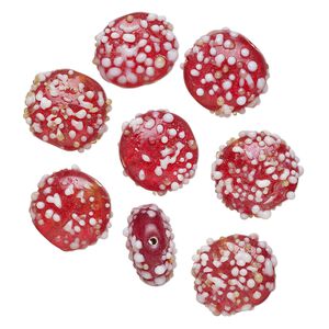 Bead, lampworked glass, translucent red and white, 18x11mm bumpy flat round. Sold per pkg of 8.