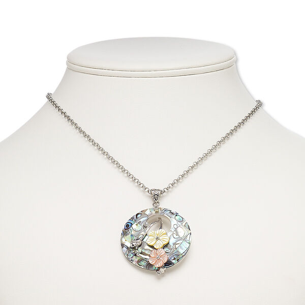 Necklace, resin / abalone shell / freshwater pearl shell (dyed / assembled) / glass rhinestone / imitation rhodium-plated brass, multicolored, 40mm round go-go with flowers, 18 inches with 2-inch extender chain and lobster claw clasp. Sold individually. image number 0