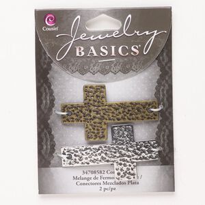 Focal assortment, "pewter" (zinc-based alloy), pkg/2, antique silver finish and antique gold finish, 50x29mm textured curved cross.