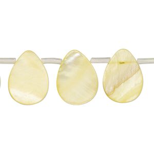 Bead, mother-of-pearl shell (dyed), yellow, 15x6mm-16x12mm top-drilled flat teardrop, Mohs hardness 3-1/2. Sold per 14-inch strand, approximately 25 beads.