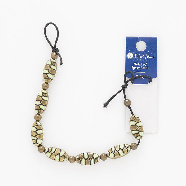 Bead, enamel / plastic / steel / antique brass-finished "pewter" (zinc-based alloy), seafoam green, 20x10mm double-sided flat oval with line design. Sold per pkg of 7. image number 0