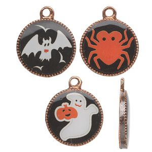 Charm, acrylic and antique copper-finished "pewter" (zinc-based alloy), black / white / orange, 17mm single-sided flat round with spider / bats / ghost with pumpkin design. Sold per 3-piece set.