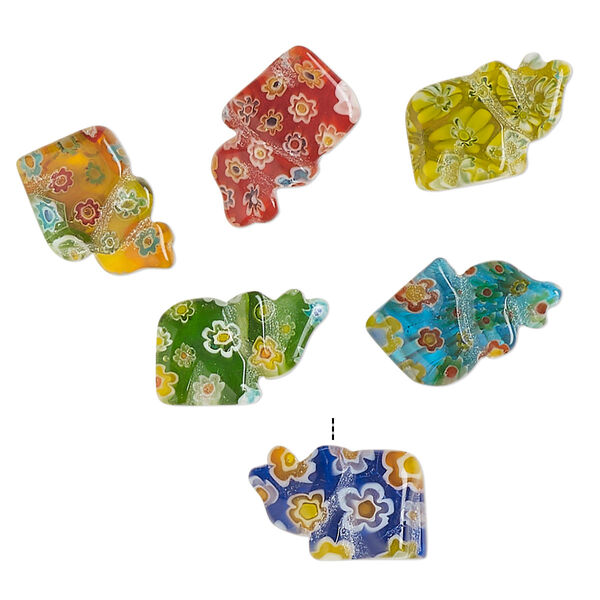 Bead, millefiori glass, translucent multicolored, 18x13mm-21x15mm half-drilled elephant. Sold per pkg of 6. image number 0