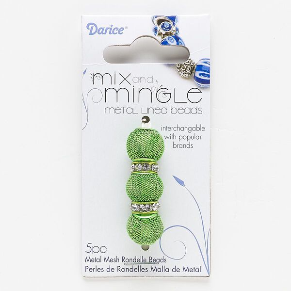 Bead, glass rhinestone with painted steel and "pewter" (zinc-based alloy), lime green and clear, 12x4mm rondelle and 14x11mm-14x13mm mesh rondelle, 5mm hole. Sold per pkg of 5. image number 0