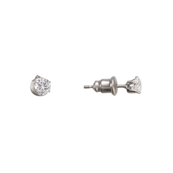 Earring, Everyday Jewelry, cubic zirconia and stainless steel, clear, 4mm round with post. Sold per 2 pairs. image number 0