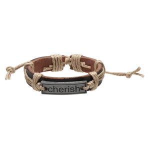 Bracelet, leather (dyed) / waxed cotton cord / antiqued "pewter" (zinc-based alloy), brown and tan, 12mm wide with 35x10mm rectangle with "cherish," adjustable from 5-1/2 to 9 inches with knot closure. Sold per pkg of 2.