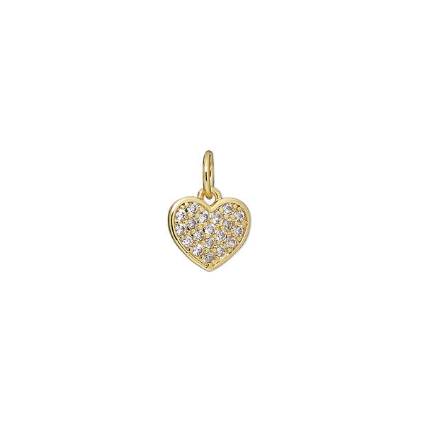 Charm, cubic zirconia and gold-finished brass, clear, 9x6mm single-sided flat heart. Sold individually. image number 0