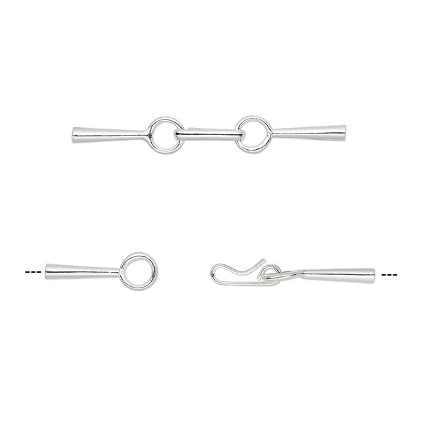 Clasp, hook-and-eye, silver-plated brass, 28x4mm with glue-in cord ends, 1mm inside diameter. Sold per pkg of 10. image number 0