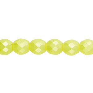 Bead, Czech fire-polished dipped décor glass, pearlescent light yellow, 8mm faceted round. Sold per pkg of 600 (1/2 mass).