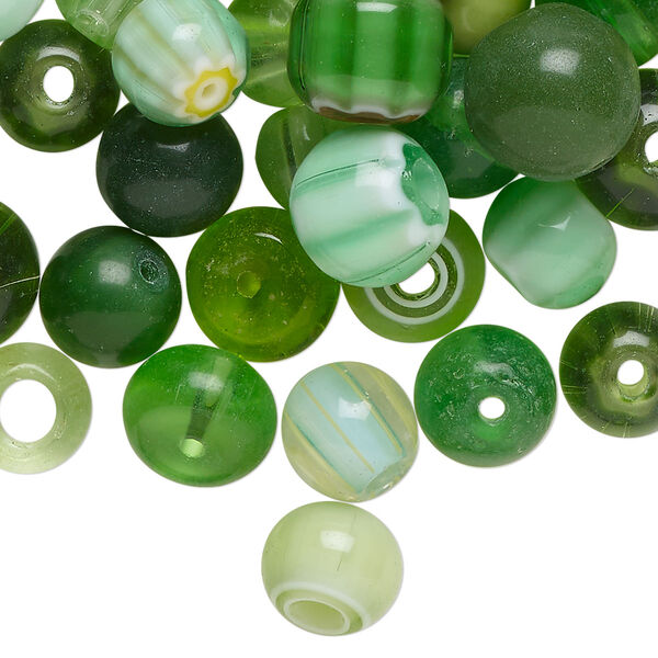 Bead mix, lampworked glass, opaque and translucent multi-green, 8-11mm round. Sold per 4-ounce pkg, approximately 100 beads. image number 0