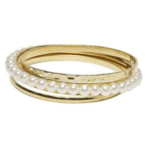 Bracelet, bangle, acrylic and gold-finished steel, clear and white, 4-8mm wide, 8-1/2 inches. Sold per 3-piece set.