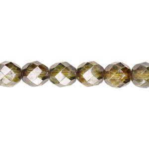 Bead, Czech fire-polished glass, transparent peridot green luster, 8mm faceted round. Sold per 15-1/2" to 16" strand.