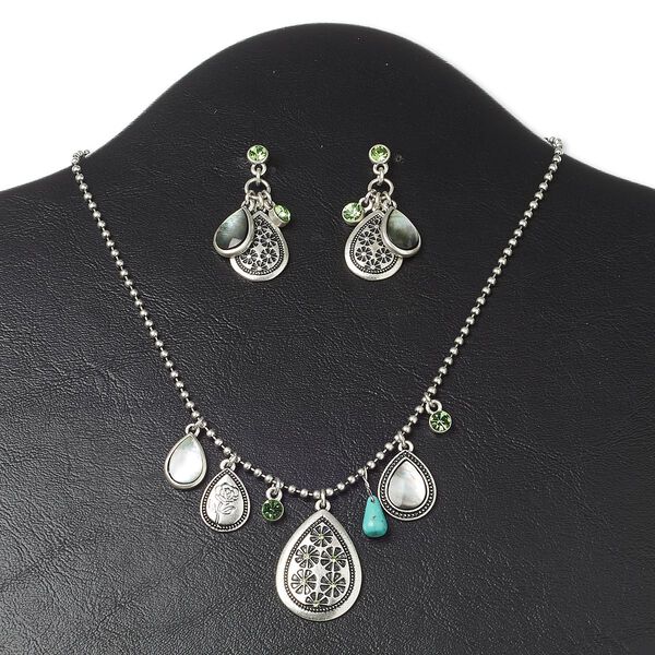 Necklace and earring set, crystals / black lip shell / magnesite (natural / dyed / stabilized) / antiqued silver-finished steel and "pewter" (zinc-based alloy), blue and peridot green, teardrop, 16 inches with 3-inch extender chain and lobster claw clasp, 1-5/8 inch earrings with post. Sold per set. image number 0