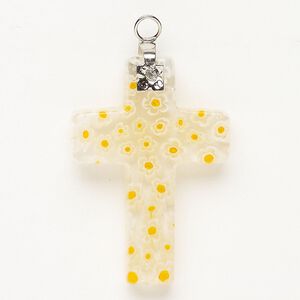 Focal 1pkg1 silver-finished steel and millefiori glass, translucent and transparent clear / white / yellow-orange, 33x23mm-35x24mm cross.