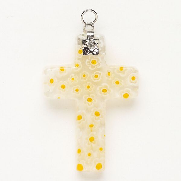 Focal 1pkg1 silver-finished steel and millefiori glass, translucent and transparent clear / white / yellow-orange, 33x23mm-35x24mm cross. image number 0