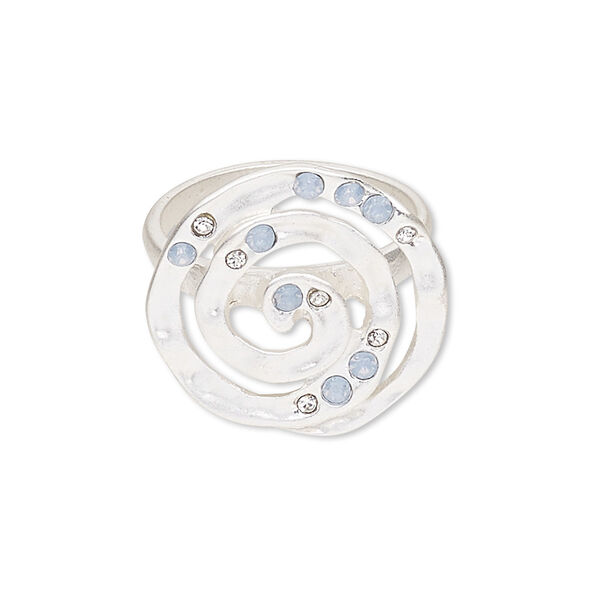 Ring, acrylic rhinestone / glass rhinestone / silver-plated "pewter" (zinc-based alloy), clear and opalescent blue, 23mm matte swirl, size 9. Sold individually. image number 0