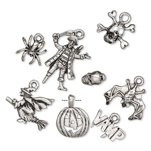 Charm, antique silver-plated pewter (tin-based alloy), 9x5.5mm-25x18mm assorted Halloween theme. Sold per 8-piece set.