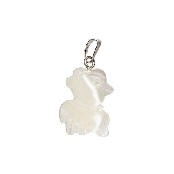 Pendant, mother-of-pearl shell (bleached) / antique silver-finished "pewter" (zinc-based alloy) / steel, 16x10mm-17x12mm single-sided carved chicken. Sold individually. image number 0
