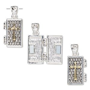 Drop, antique silver- and gold-finished "pewter" (zinc-based alloy), 27x15mm two-sided rectangle prayer box with cross and diamond design with magnetic closure. Sold individually.