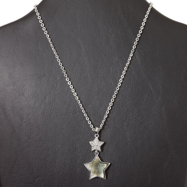 Necklace, rhodium-finished "pewter" (zinc-based alloy) / black lip shell (natural) / glass rhinestone, clear, 40x24mm double star, 15" to 16" necklace with lobster claw clasp and 3-inch extender chain. Sold individually. image number 0