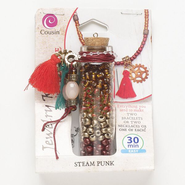 Necklace or bracelet kit, glass / steel / antique silver-finished "pewter" (zinc-based alloy) / cork / cotton, mixed colors, steampunk theme. Sold per set. image number 0