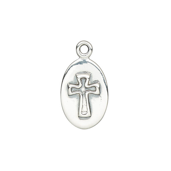 Drop, antiqued sterling silver, 18x12mm oval with cross. Sold individually image number 0