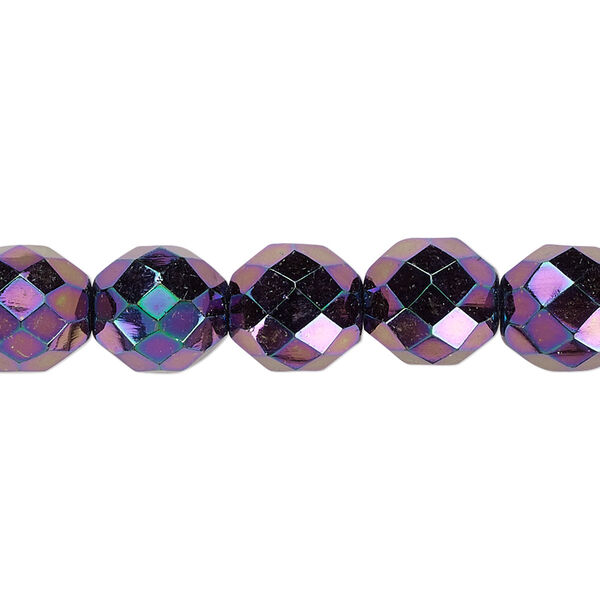 Bead, Czech fire-polished glass, opaque iris purple, 10mm faceted round. Sold per 15-1/2" to 16" strand. image number 0
