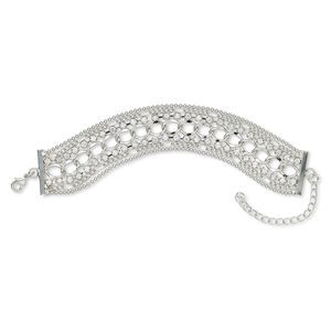 Bracelet, 7-strand, glass rhinestone / silver-plated brass / steel / "pewter" (zinc-based alloy), clear, 26mm wide, 6-1/2 inches with 2-3/4 inch extender chain and lobster claw clasp. Sold individually.