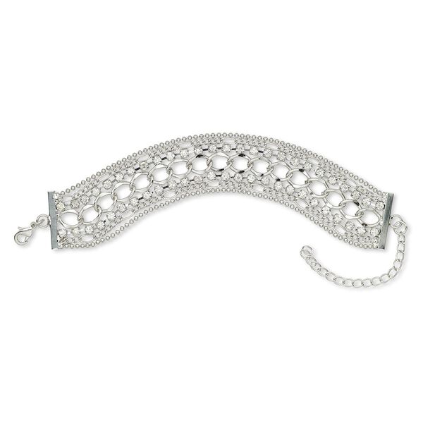 Bracelet, 7-strand, glass rhinestone / silver-plated brass / steel / "pewter" (zinc-based alloy), clear, 26mm wide, 6-1/2 inches with 2-3/4 inch extender chain and lobster claw clasp. Sold individually. image number 0