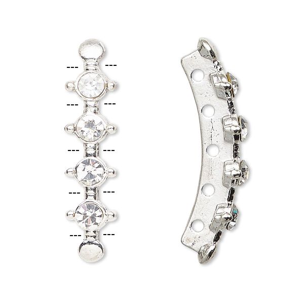 Spacer, glass rhinestone and silver-plated "pewter" (zinc-based alloy), clear, 32.5x7.5mm 5-strand, fits up to 4mm bead. Sold per pkg of 10. image number 0