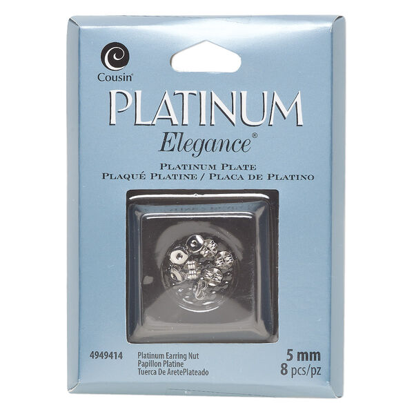 Earnut, platinum-plated copper, 5mm. Sold per pkg of 4 pairs. image number 0