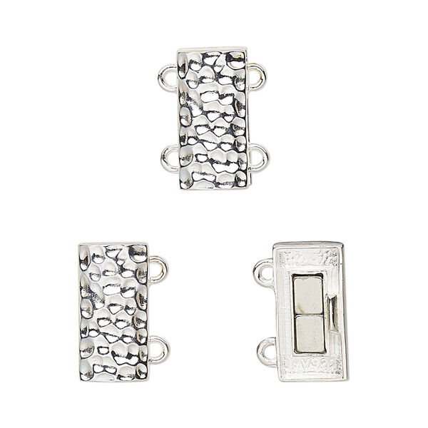 Clasp, 2-strand magnetic, sterling silver, 14x7mm hammered rectangle. Sold individually. image number 0