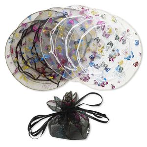 Pouch, organza, black / white / multicolored, 10-1/2 inch round with butterfly pattern and drawstring. Sold per pkg of 6.