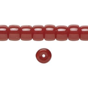 Bead, glass, opaque dark red, 8x6mm barrel. Sold per 15-1/2 to 16-inch strand.