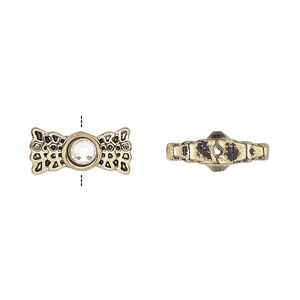Bead, glass rhinestone and antique gold-finished "pewter" (zinc-based alloy), clear, 15x7mm with web design. Sold per pkg of 4.